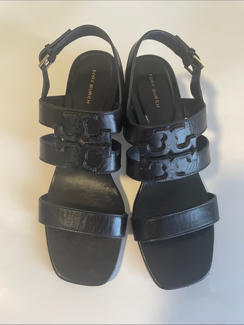 Tory Burch Black Leather Logo Strap Slingback Sandals